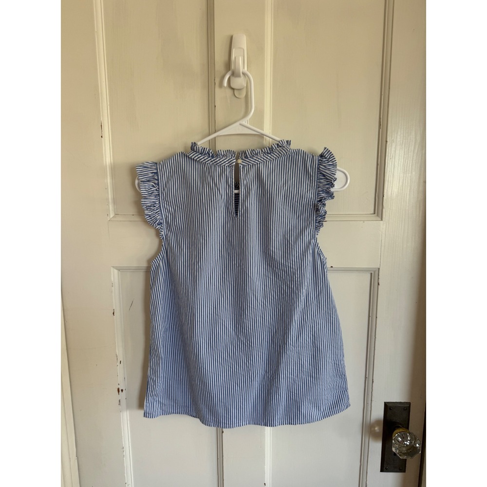 J.Crew Blue Striped Ruffleneck shirred top in cotton poplin size 2 - Picture 4 of 7